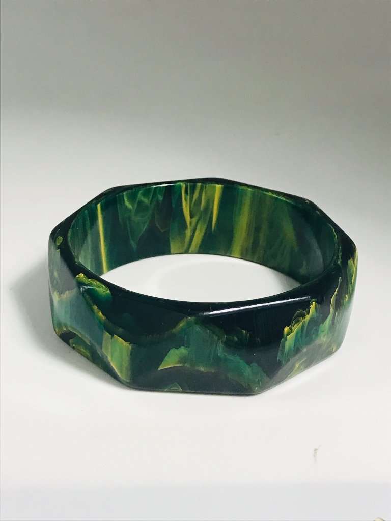 Vintage Blue Moon Bakelite Bangle Bracelet Faceted Hexagon Rare Green Marbled